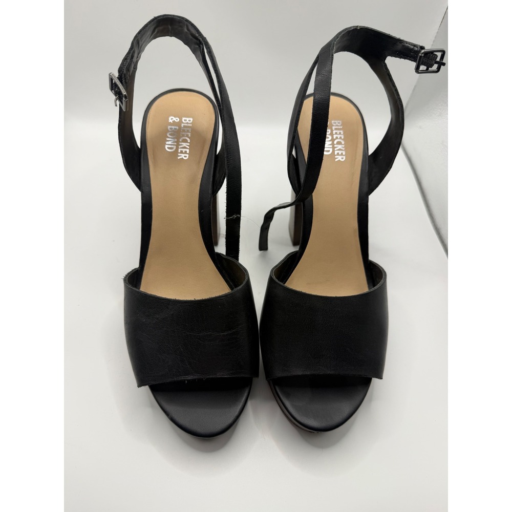 Bleecker & Bond Black Leather Platform Sandals Wood Block Heel Ankle Strap 8.5